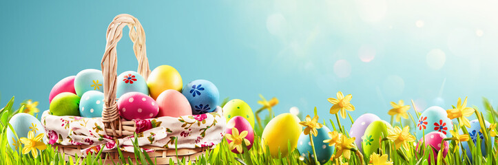 Easter Eggs in a Basket on Green Grass and Sunny Spring Background