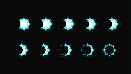 Set Collection Phases Of A Solar And Lunar Eclipse On Dark Background Sun