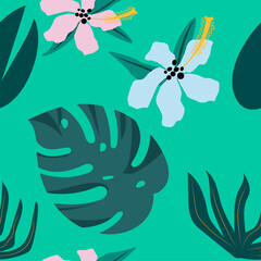 Flat tropical or floral elements, flowers and leaves seamless design pattern. Modern exotic design for paper, fabric, wallpaper
