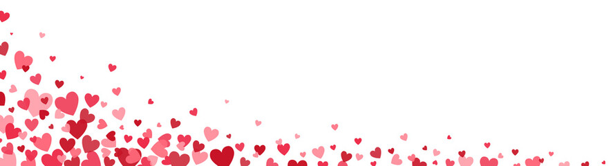 Heart confetti long border. Celebration banner. Bright pink hearts design elements. Valentines Day background for greeting cards, wedding invitation, gift packages. Vector illustration