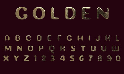 Alphabet letter set and numbers with metallic gold texture isolated on dark background, 3D rendering, golden uppercase font design for poster, cover, greeting card