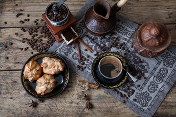 Still life with coffee and sweets top view