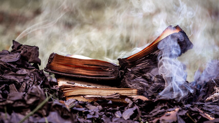 Burnt books on a fire in the smoke