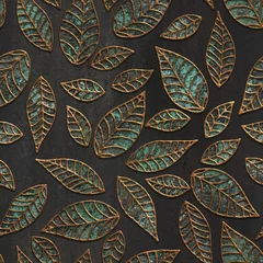 Fototapete Industrieller Stil Kupfer nahtlose Textur mit Blättern Muster auf schwarzem Grunge-Hintergrund, 3D-Darstellung