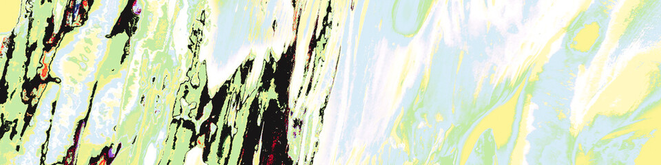 Green Acrylic Image. Yellow Wet Drawing. Dyeing
