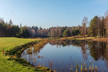 Fototapeta na wymiar Autumn forest lake near golf field in Belarus