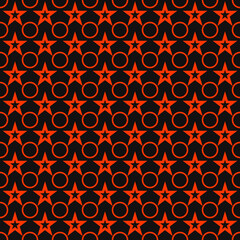 Red Stars and Circles Pattern. Black background vector pattern.