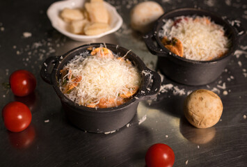 Early meal with fried eggs served in pan. Breakfast Buffet Concept, Breakfast Timeю. Various brunch on the table