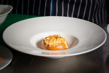 Chef cook preparing eggs  in his kitchen.Early meal with fried eggs served in pan. Breakfast Buffet Concept, Breakfast Timeю. Various brunch on the table