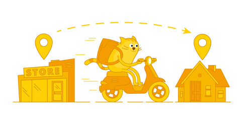 Character cat delivery service. From store to home. Pet mascot. On a motorbike. Vector cartoon illustration. Pizza and food delivery.