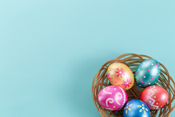 Five easter eggs trendy colored deep blue, green, orange, magenta and golden decorated in basket on blue background. Copy space for text.