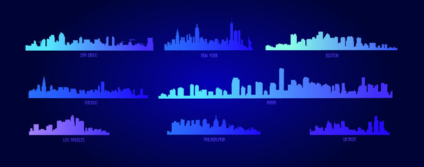 Silhouettes of American cities on a blue background.