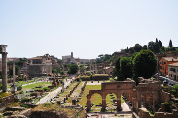 Fototapeta na wymiar Panoramic view of the world famous landmark Roman Forum. June 12, 2019 Rome, Italy