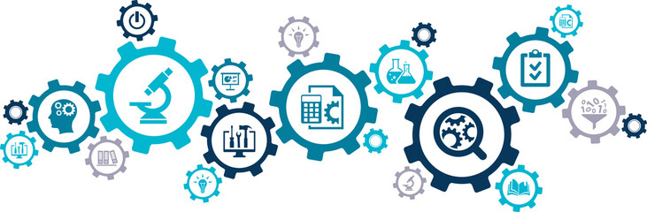 Research & development vector illustration. Concept with connected icons related to project management, product design or engineering, business development, r&d process using technology, engineering.