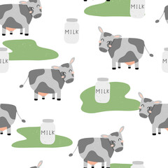 Cute cow seamless patter with animal character and milk bottle isolated on white background . Hand drawn childish vector illustration.
