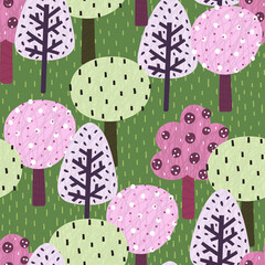 Whimsical seamless pattern with spring scene. Colorful trees on the grass. Hand drawn Scandinavian style vector illustration.
