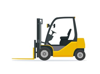 Yellow forklift truck isolated on white background. Empty electric uploader. Delivery, logistic and shipping cargo. Warehouse and storage equipment. Vector illustration in flat style