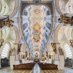 Vertical panorama interior of St. Peter's Church (Alter Peter) in Munich, Germany. This is the...