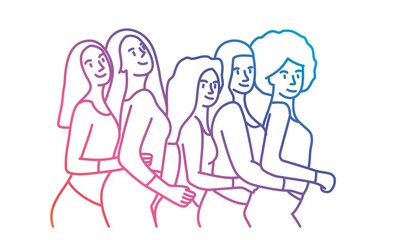 Side view of happy women. Colored line. Vector illustration.