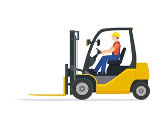 Yellow forklift truck with driver isolated on white background. electric uploader. Delivery, logistic and shipping cargo. Warehouse and storage equipment. Flat vector illustration