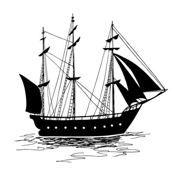 Ship. Hand drawn black realistic silhouette vector illustration.