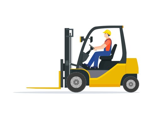 Yellow Forklift Truck With Driver Isolated On White Background. Electric Uploader. Delivery, Logistic And Shipping Cargo. Warehouse And Storage Equipment. Flat Vector Illustration