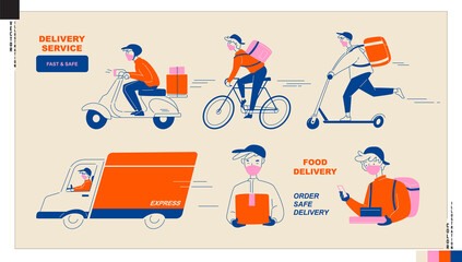 Set of delivery man icons. Food and parcel delivery service by truck, motorbike, bicycle, and kick scooter. New normal lifestyle, safe delivery service.