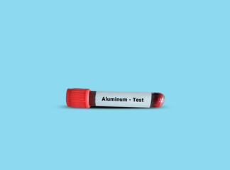 Test Tube with blood sample for Aluminum test. A medical testing concept in the blue background.