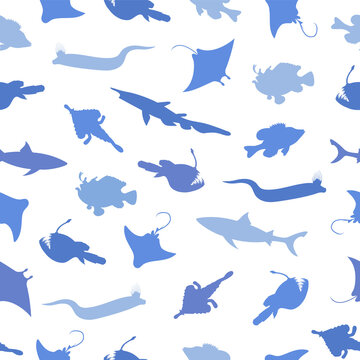 Fish seamless pattern. Vector color blue image background.
