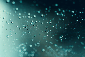 Blue toned natural backdrop made of spiderweb.Abstract background with waterdrops on thin web connected threads