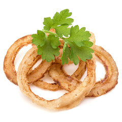 Delicious crispy fried onion rings isolated on white