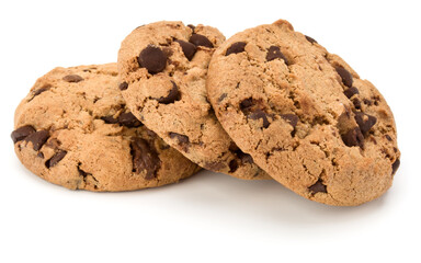 Three Chocolate chip cookies isolated on white background. Sweet biscuits. Homemade pastry.