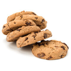 Chocolate chip cookies isolated on white background. Sweet biscuits. Homemade pastry.