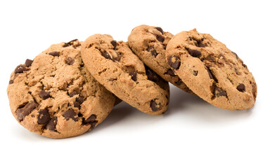 Chocolate chip cookies isolated on white background. Sweet biscuits. Homemade pastry.