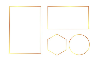 Gold frame set. Luxury border on white background. Wedding rectangle template. Glamour round and hexagon. Golden rich square. Vector illustration