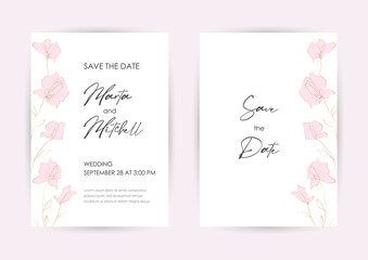 Wedding Invitation with Gold Flowers and gold geometric line design. Cover design with an ornament of golden leaves. vector eps10