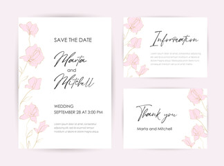 Wedding Invitation with Gold Flowers and gold geometric line design. Cover design with an ornament of golden leaves. vector eps10