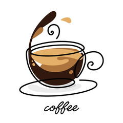 cup of aromatic coffee drawn by a solid line on a white background. Menu concept for a bar or restaurant. Vector, illustration