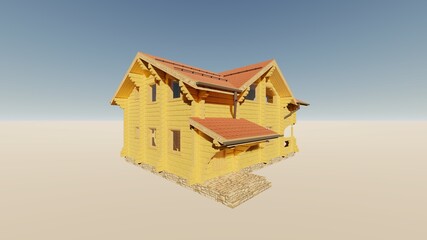 wooden tiny house, cottage, villa made of gun carriage. The canadian technology 3D photo-realistic picture of the project of a house on an isolated background
