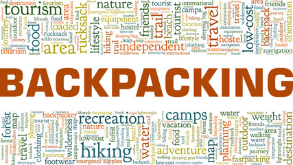 Backpacking vector illustration word cloud isolated on a white background.