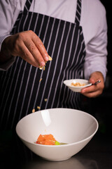 Chef cook preparing salad with salmon and avocado in his kitchen. Freezer food prepare in process vegetarian salad by chef hand in home kitchen. Dark black background with Text area for design menu 