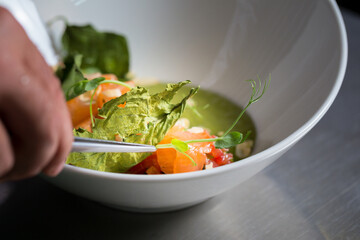 Chef cook preparing salad with salmon and avocado in his kitchen. Freezer food prepare in process vegetarian salad by chef hand in home kitchen. Dark black background with Text area for design menu 
