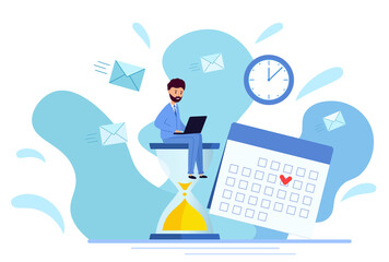 Man sitting on hourglass with laptop on blue background. businessman works and delivers the project on time. Vector illustration in modern flat.