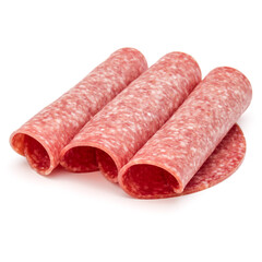 Salami smoked sausage slices isolated on white background