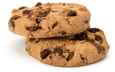 Two Chocolate chip cookies isolated on white background. Sweet biscuits. Homemade pastry.