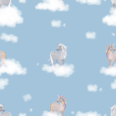 Seamless pattern cute Fantasy unicorns with clouds. Vector illustration Enless wonderland  background for kids, Childish repeated texture with magic cartoon characters. © Anchalee