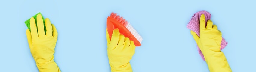 Hands in yellow gloves with cleaning tool banner