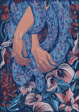 picturesque  illustration  of beautiful hands, snake, and tropical flowers