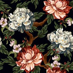 Ornate seamless pattern with vintage peonies, roses and .chrysanthemums. Vector.