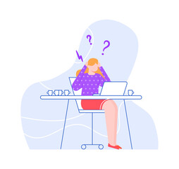 Confused and stressed woman in office with questions. Vector office problem, business person stress, have lot question, woman work cartoon illustration